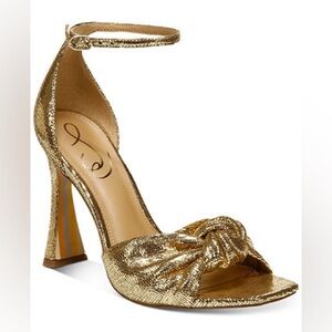 NWT NIB Sam Edelman Lucia Gold Leather Disco Glitter Knotted Vamp Heels Size 8.5